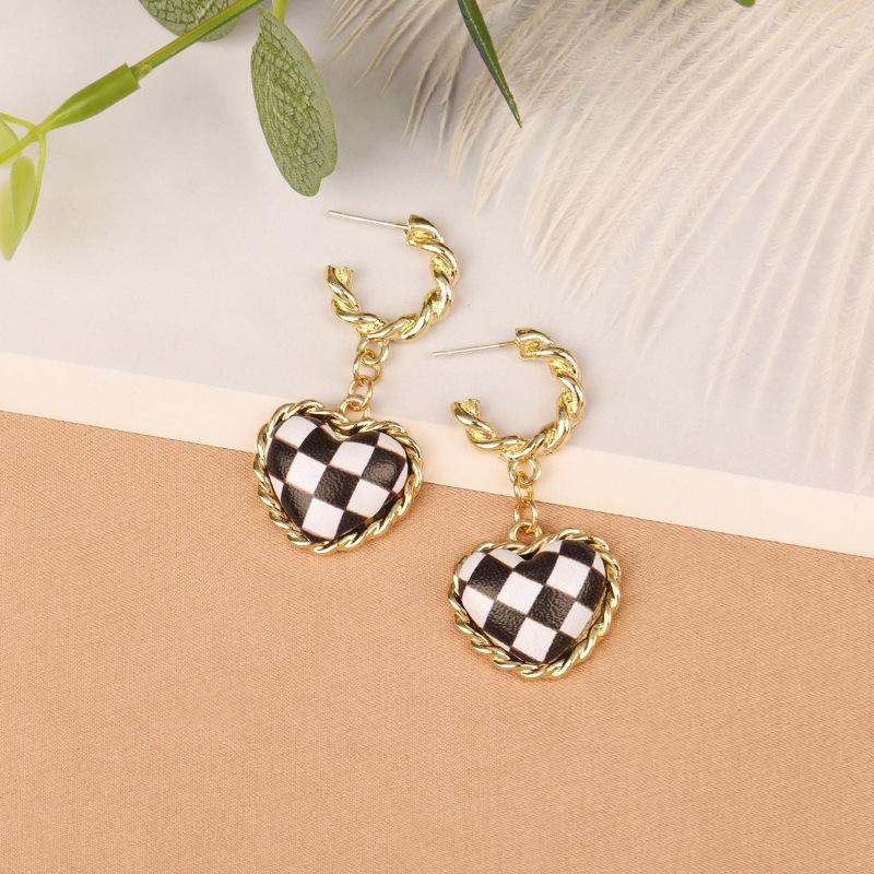 

925 Silver Heart Checkered Leather Earrings: Korean Style Black & White Grid Studs