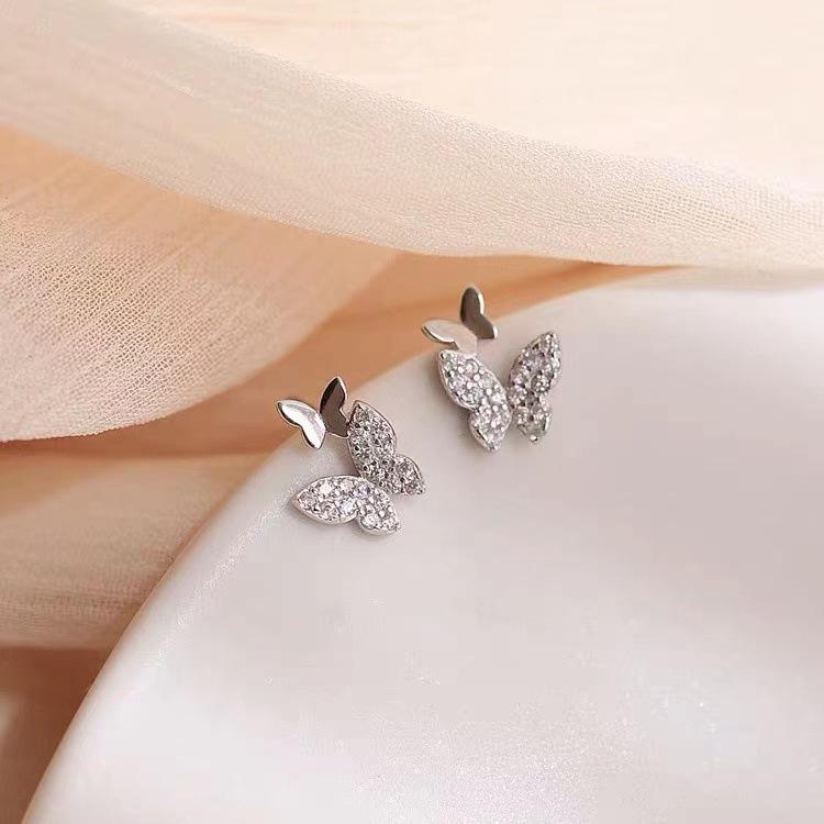 Beixi S925 Sterling Silver Butterfly Stud Earrings for Women - Mini Diamond Design for Everyday Wear