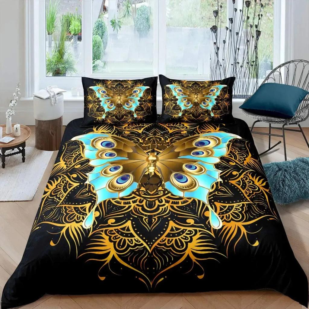 Gold Butterfly Duvet Cover Set for Girls Gold and White Butterflies Bedding Sets Flying Butterfly Black Luxury Comforter Cover