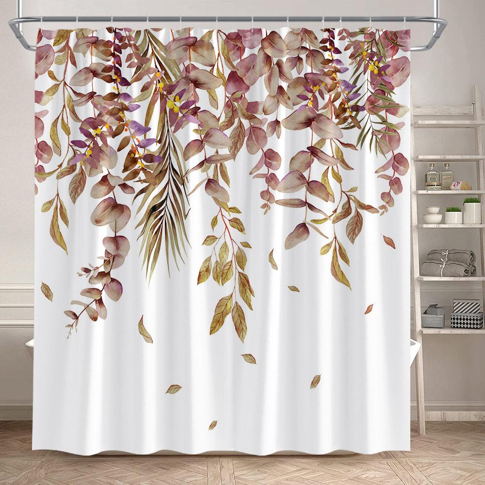 Eucalyptus Leaves Shower Curtains Autumn Brown Leaf Watercolour Plants Modern Bath Curtain Polyester Fabric Home Bathroom Decor