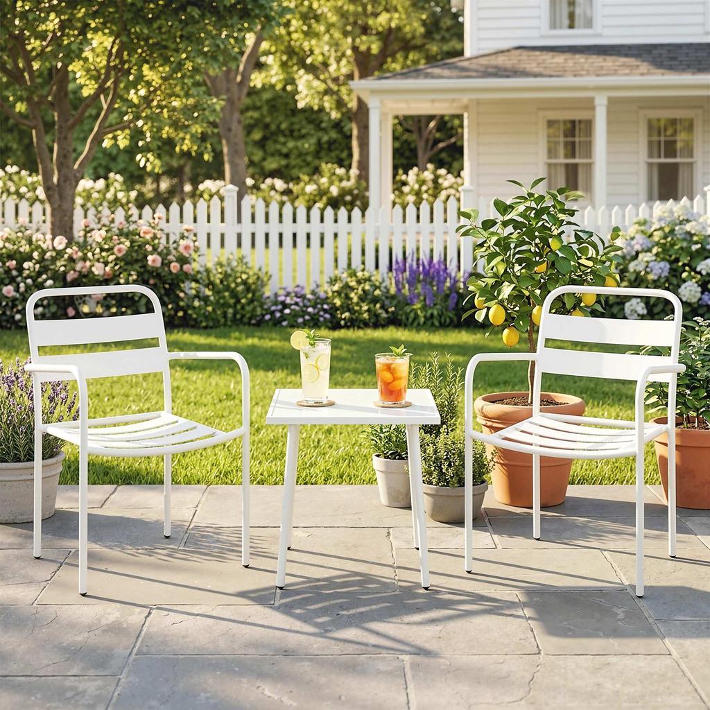 Bistro Set 3-Piece Metal Garden Furniture Set with 2 Garden Chairs, Glass Table, Slat Design, Rust-Resistant