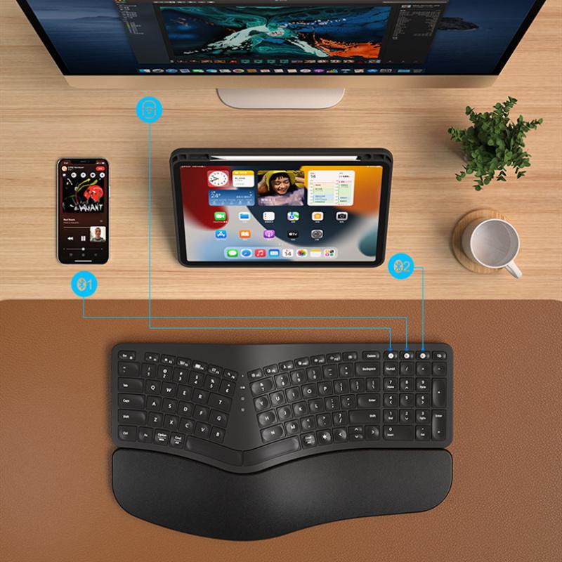 White Backlit Ergonomic Split Keyboard Bluetooth 2.4G Wireless Keyboard with Wrist Rest Rechageable Keyboard for Windows/Mac