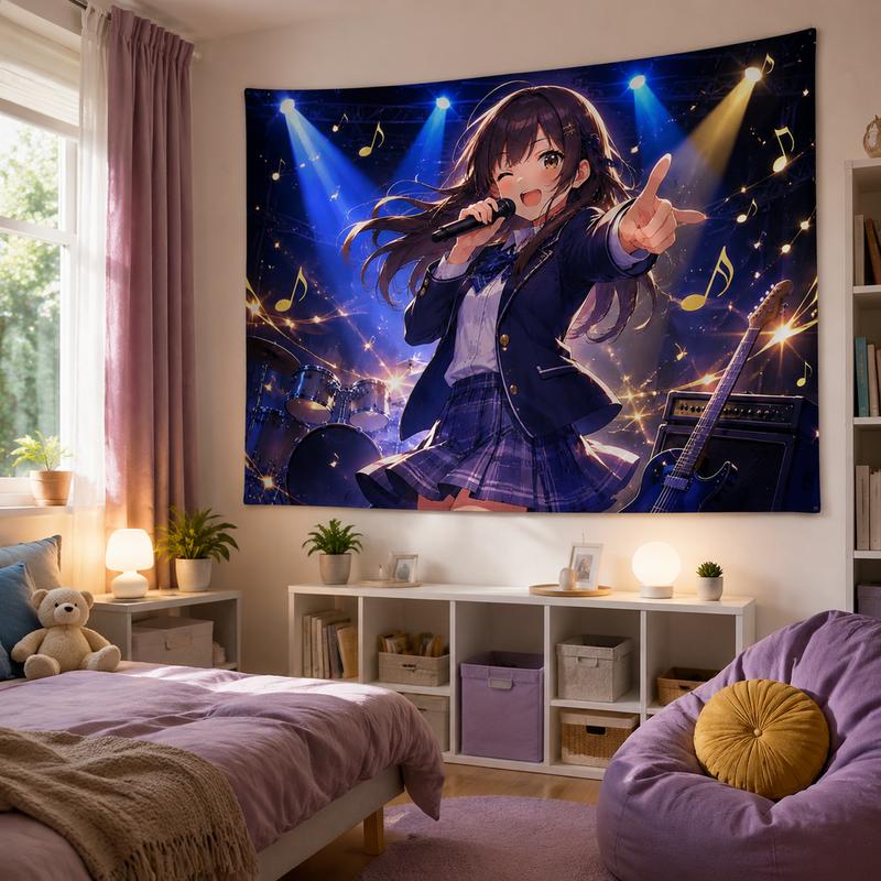 Rockkonzert Anime Wandteppich, Weicher Wandstoff mit einem Druck eines Mädchens, das auf der Bühne in einer Schuluniform singt, Heimdekoration