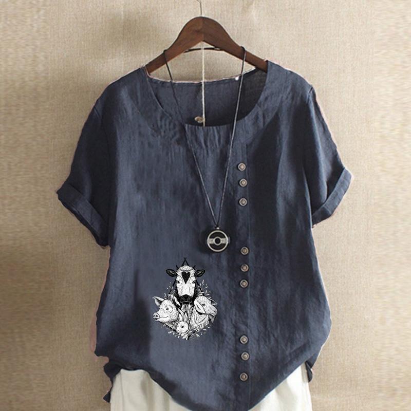 Women's Fashion Animals Prined Short Sleeve T-shirt Loose Cotton Shirt Casual Loose Summer Blouse Tops Plus Size