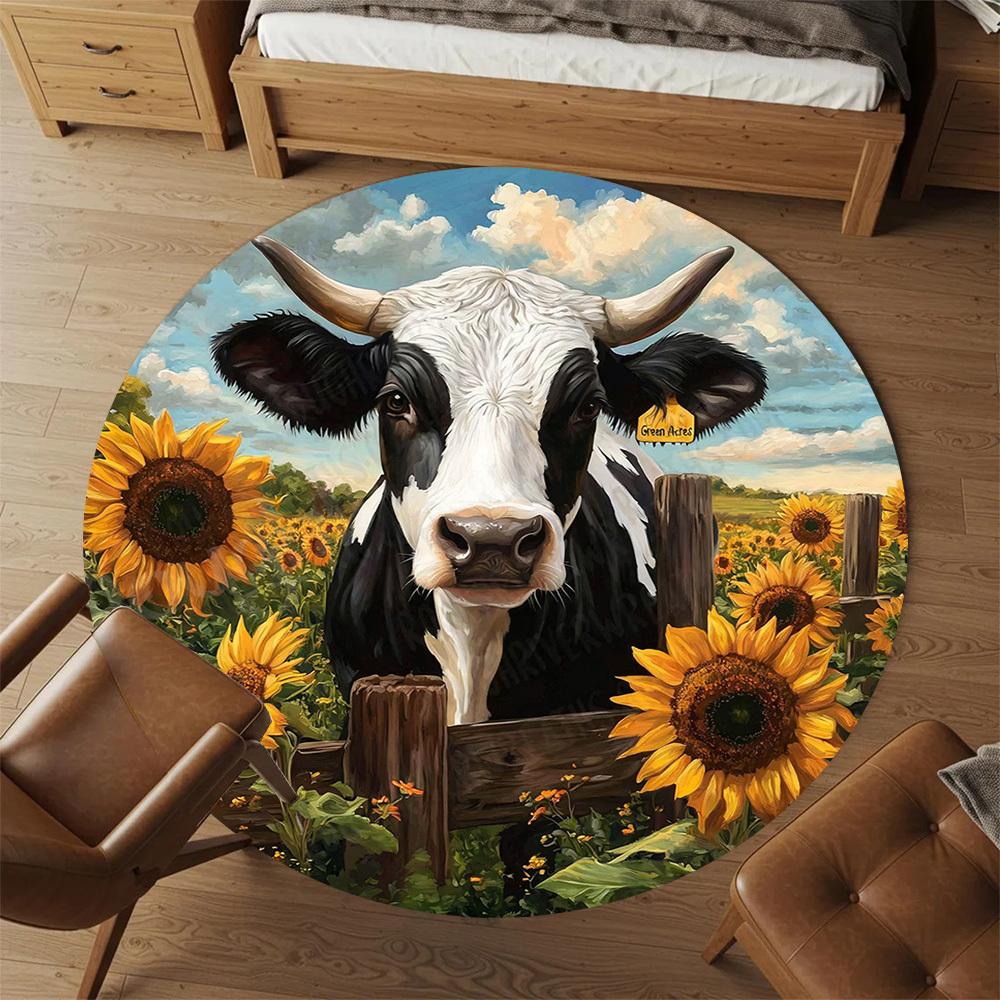 1PC Cow Sunflowers Office Round Area Rug, Under Office Chairs Bedroom Living Room Home Decor, Carpet for Office -1110122