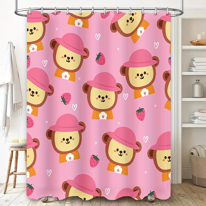 Zasłona Prysznicowa ze Wzorem Niedźwiedzia Wodoodporna Dekoracyjna Wkładka do Łazienki dla Dzieci Różowy Wzór Truskawkowy