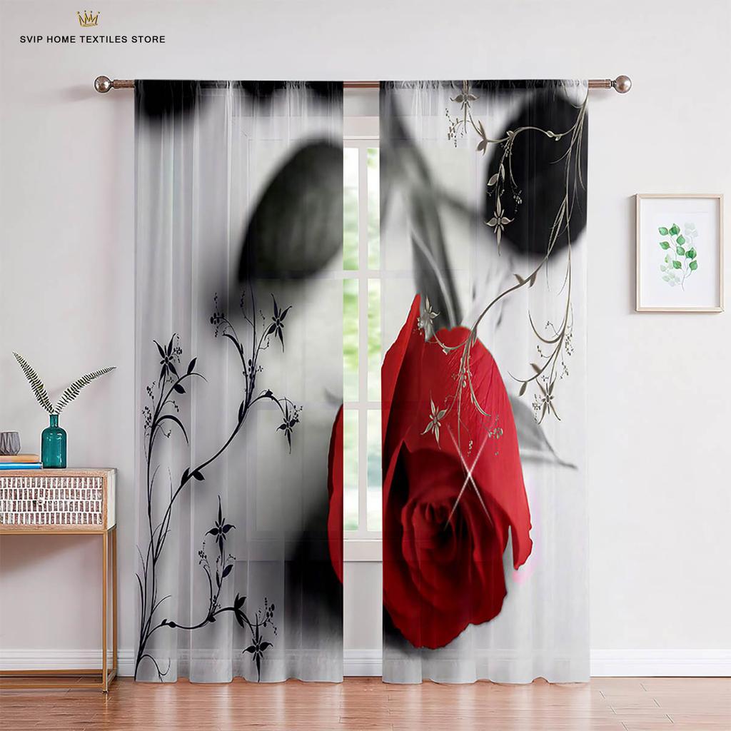 Red Rose Retro Romantic Print Curtains, Living Room, Bedroom, Kitchen, Window Decoration, Home Decoration, 2 Pcs