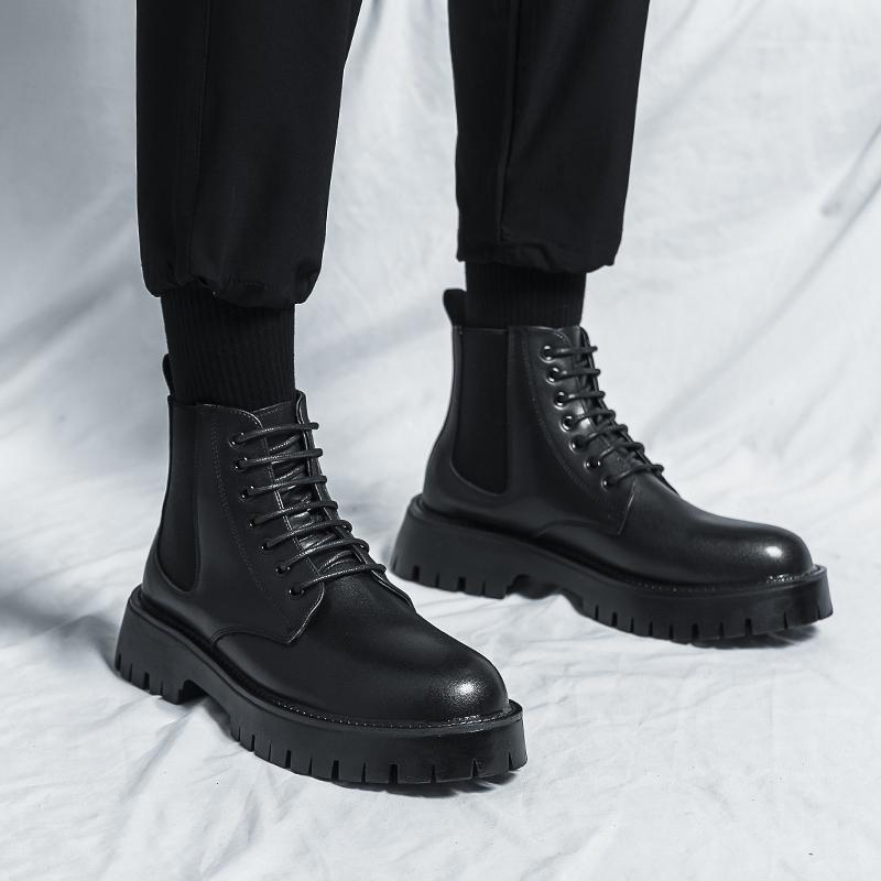 Men Boots New Big Head Leather Shoes Autumn and Winter High Top Lacing Thick Sole Durable European Black Sizes 38-44 Men Shoes