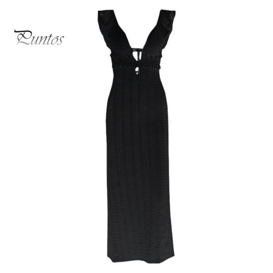 

Женское пляжное платье с открытой спиной, сплошное цветное трикотажное облегающее эластичное платье макси без рукавов на шнуровке для отдыха, вечернее платье без рукавов S чёрный