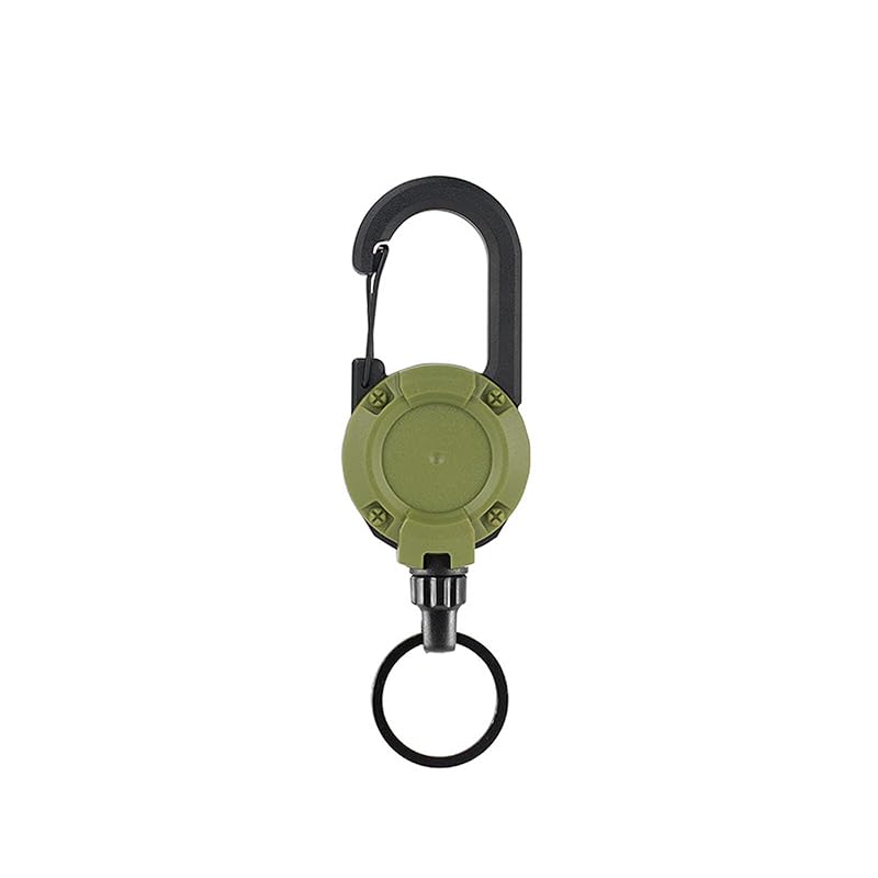 

[FamGift] With carabiner key reel strong reel keychain wire reel outdoor Long telescopic 50-60cm steel wire Loss prevention reel keychain (Army Green)