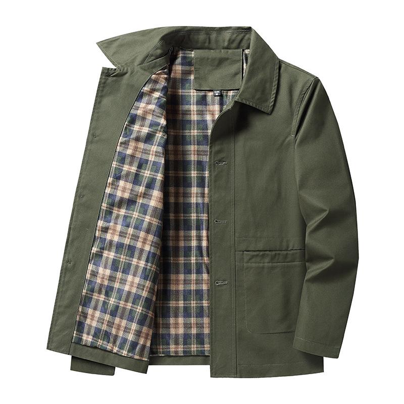 Men's Cotton Lapel Jacket Shirt - Large Size, Solid Color, Business Casual, Spring/Autumn.