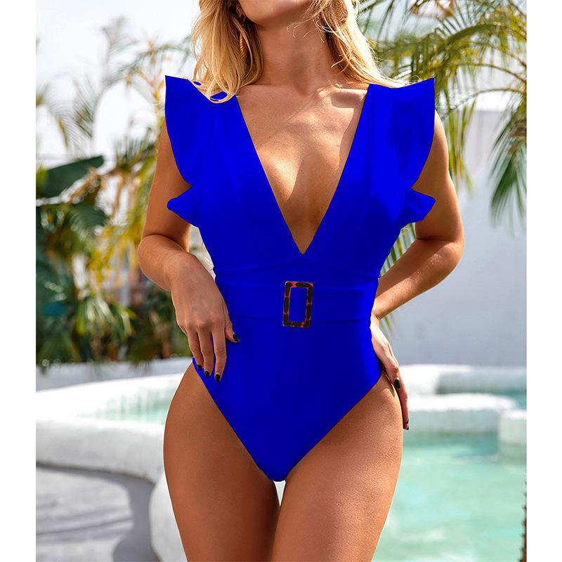 Bikini sexy v-neck halter women's swimsuit one-piece ruffle edge solid color swimsuit
