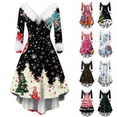 Women's Fashion V-neck Casual Slim Christmas Printed Party Long Sleeve Dresses