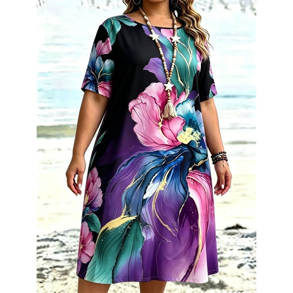 Summer Fashion Flowers 3d Print Comfortable Breathable Round Neck Short Sleeved Dresses Women Creative Colorful Plus Size Loose Dresses