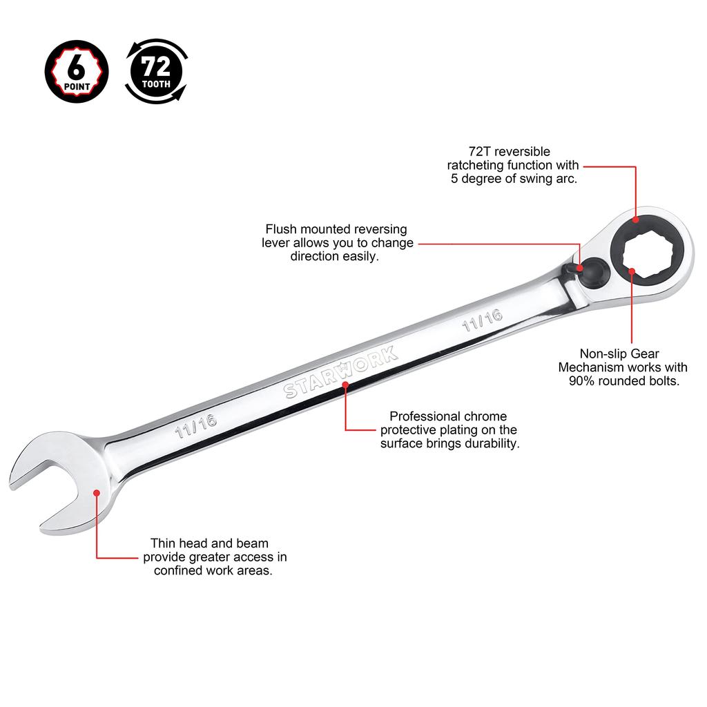 STARWORK TRUE Gear Ratchet Wrench Set with Storage Bag 20-Piece MECHANIC™ Dual-Purpose Non-Slip (SAE/Metric)