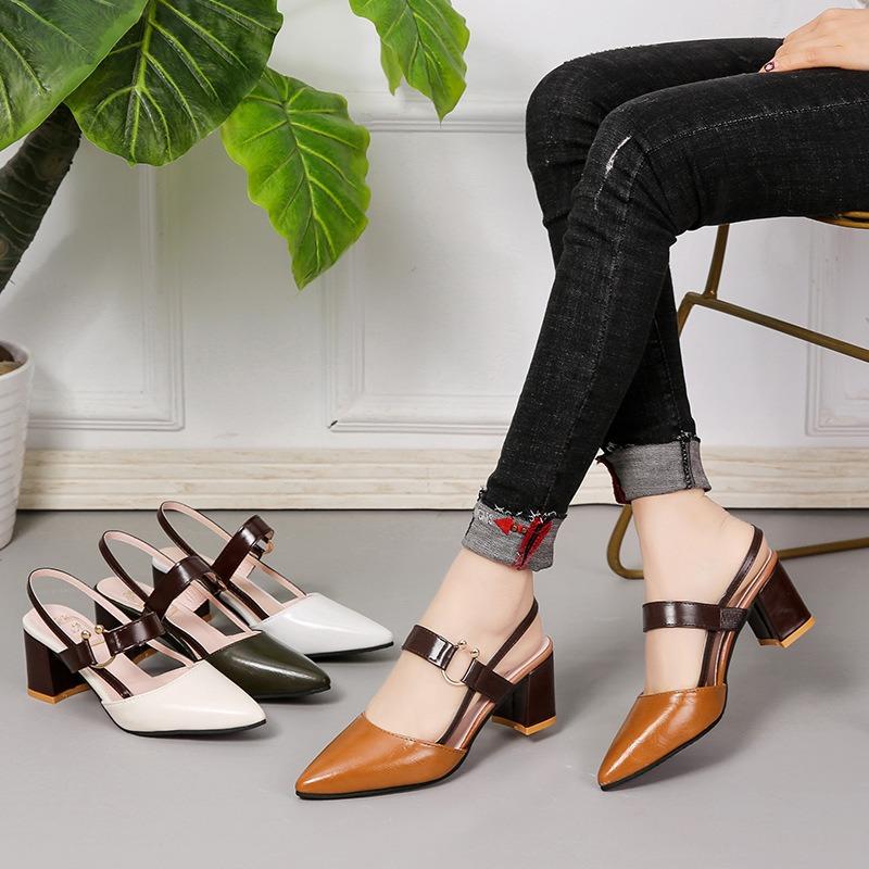 Sandals women's summer new models with bag head pointed one-word buckle strap shoes shallow thick heel high heels