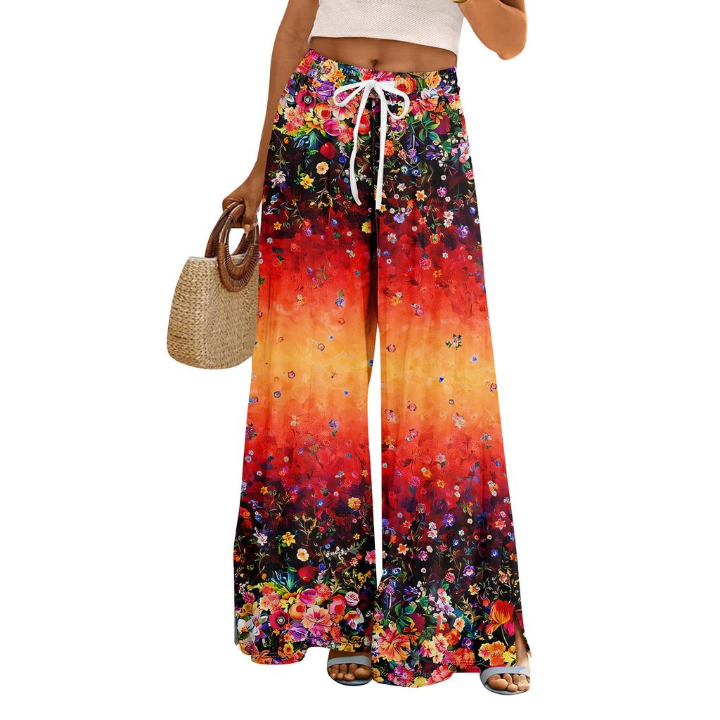 Women Summer Boho Palazzo Pants High Waist Wide Leg Floral Printing Casual Trousers With Pockets