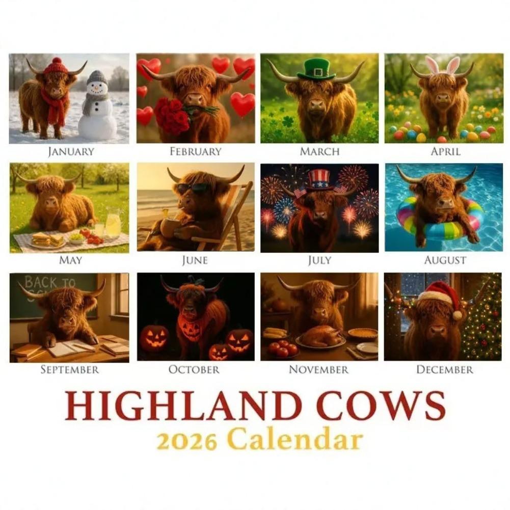 Paper Wall Calendar Easy Installation Wall Calendar Scottish Highland Cattle-themed Wall Calendar High-definition High-quality