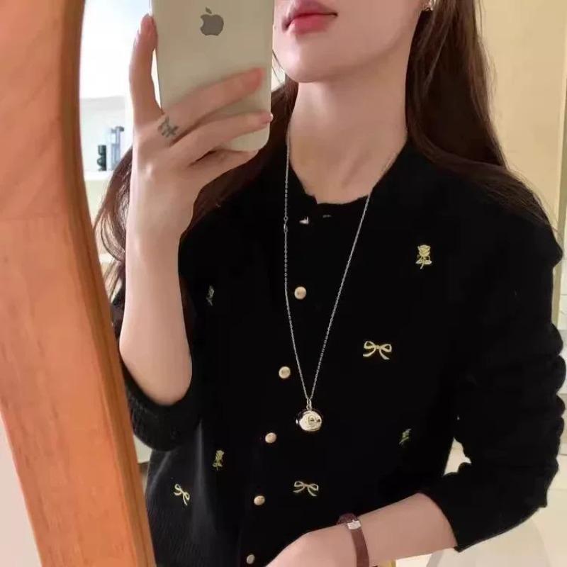 

Bow flower embroidered knitted sweater women s spring and autumn new sweet short crew neck top thin sweater cardigan jacket XXL