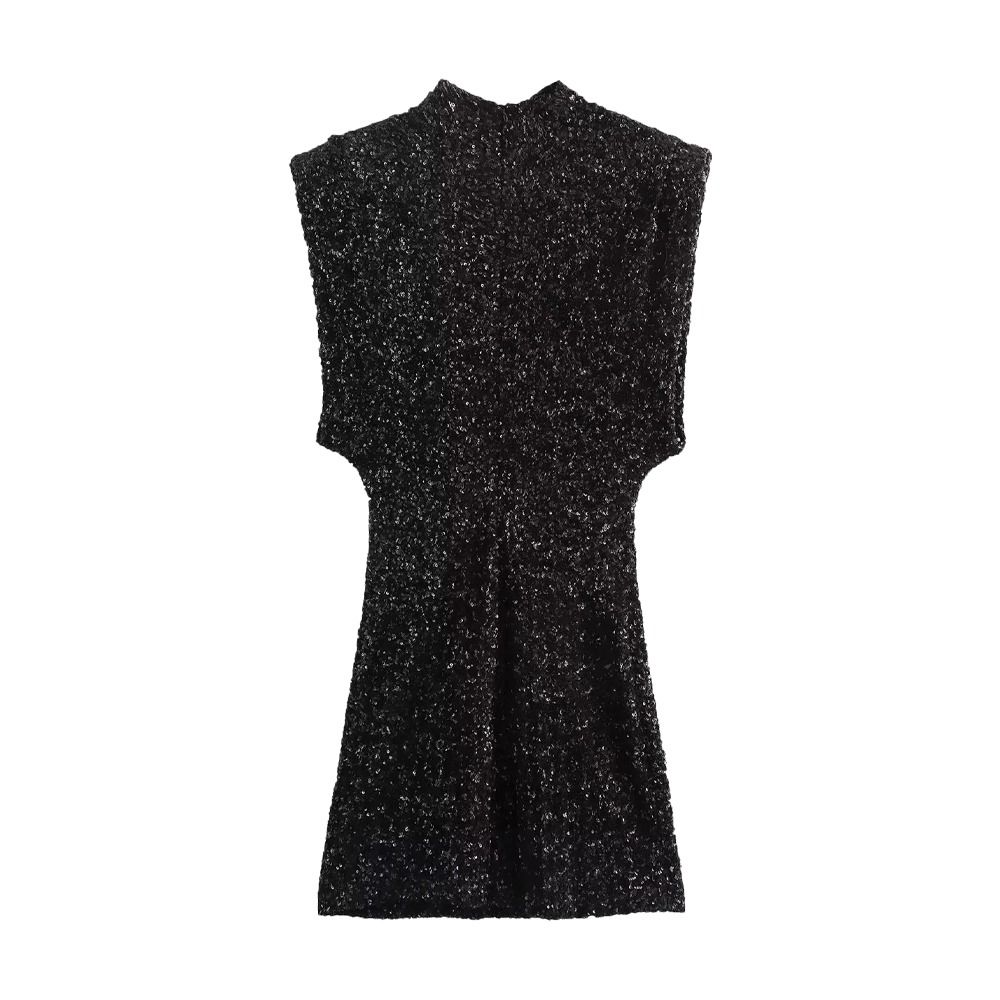 Round Neck Holiday Party Dress Fly Sleeve Silm Evening Dress Shining Sequin Mini Dress  Daily