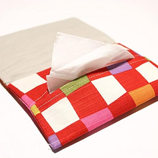 Checkered Tissue Tissue Case In Red and Made In High-quality Pouch/pocket White, 100% Cotton, Japan, Lightweight, Portable, Japanese-style, HK-1804