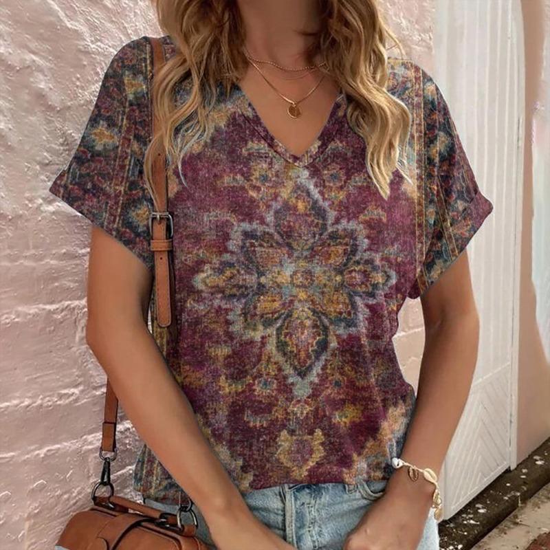 Casual Bohemian Print Women's Short Sleeve V-Neck Top T-Shirt