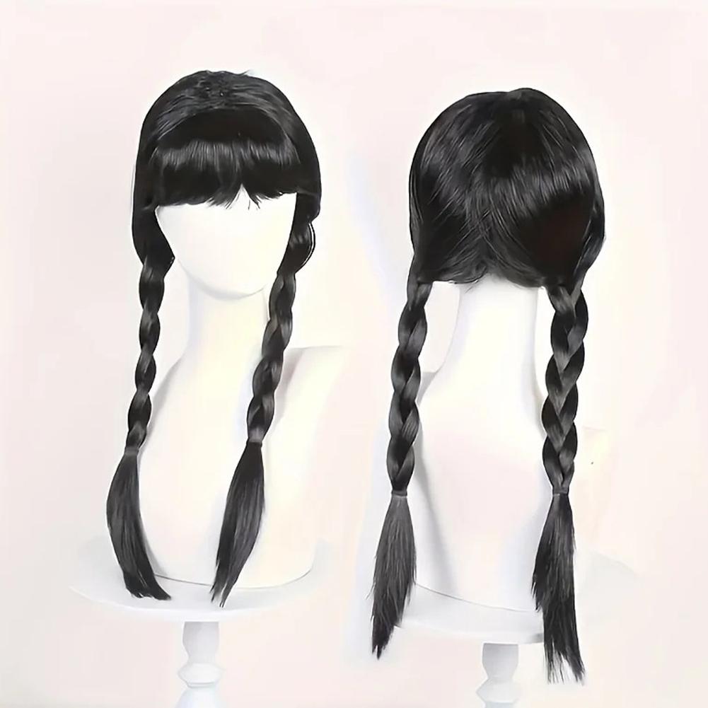 NUOVA Parrucca Nera Intrecciata Sintetica Addams Treccia Nera a Coda di Cavallo Treccine Compatibile con Costume di Halloween Mercoledì Addams Parrucca