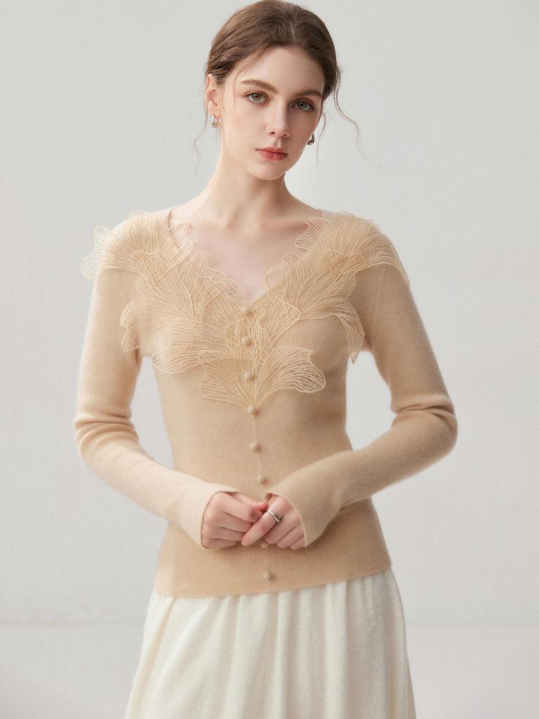 Autumn 2026 Women's Lace V-neck Cashmere Sweater - Elegant Slimming Knitwear