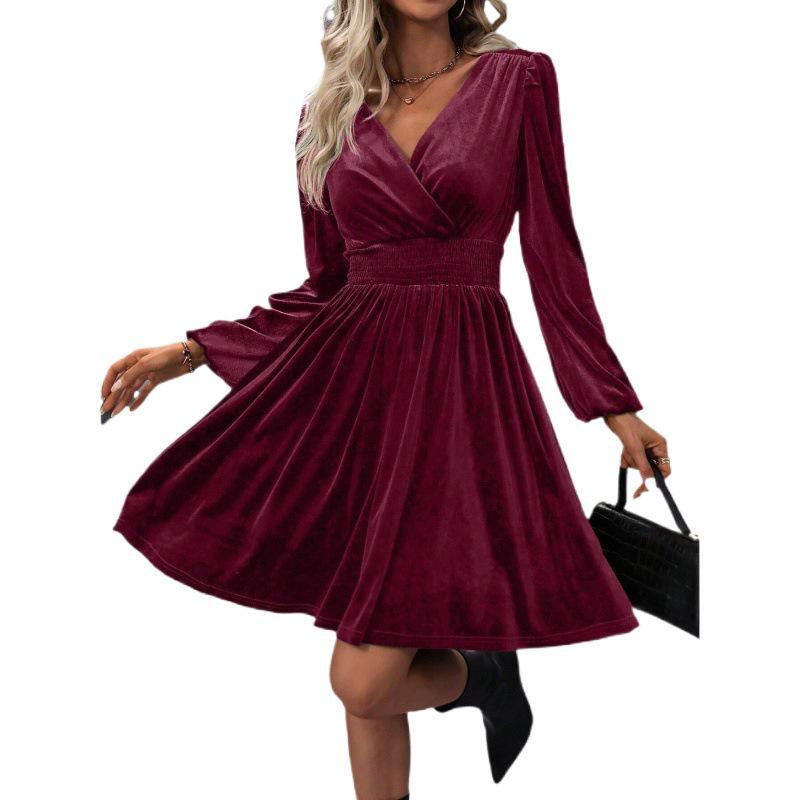  New Autumn/Winter Velvet V-Neck Long-Sleeve Dress – European & American Style