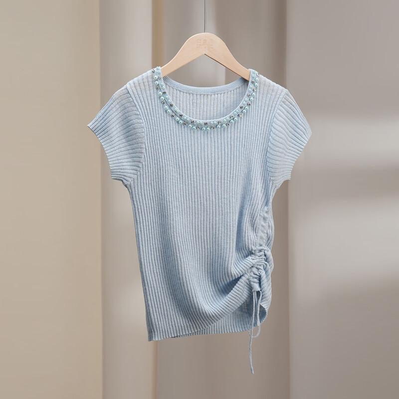 Women s Round Neck Drawstring Knit Top L синий