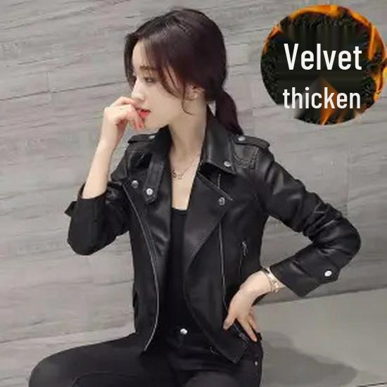 2025 Women's Slim PU Leather Motorcycle Jacket - Spring/Autumn Trendy Short Coat In Plus Sizes, European & American Style