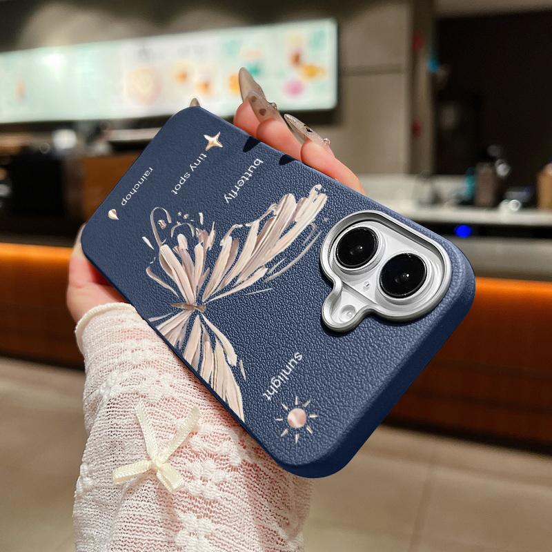 Simple Butterfly Print Shockproof Soft TPU Case For iPhone 16 Pro Max 15 Pro 14 13 12 11 Lens Protection Matte Leather Texture Slim Phone Cover