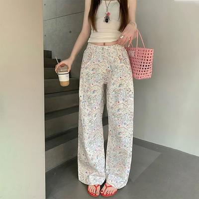 Pantalon Décontracté Blanc Imprimé Graffiti Poisson Printemps Été pour Femmes Jambe Droite Jambe Large Amincissant Longueur Sol Jeans