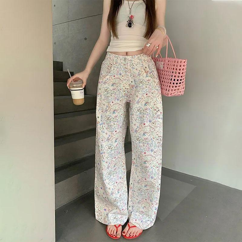 

Женские весенне-летние брюки с принтом граффити и рыбами, белые, повседневные, прямого кроя, широкие, стройнящие, джинсы в пол XL