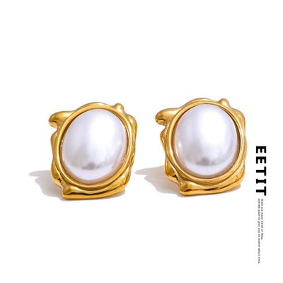 Elegant Simulated Pearls Round Daily Stud Earrings for Women 18K Gold Color Plated Stainless Steel Vintage Jewelry New