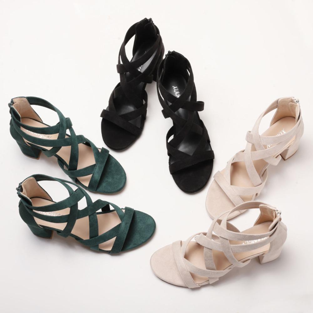 Sandály Dámská Móda 2025 Nové Všestranné Hrubé Podpatky Římský Styl Vysoké Podpatky Dámské Sandály Zadní Zip Léto Dámská Obuv