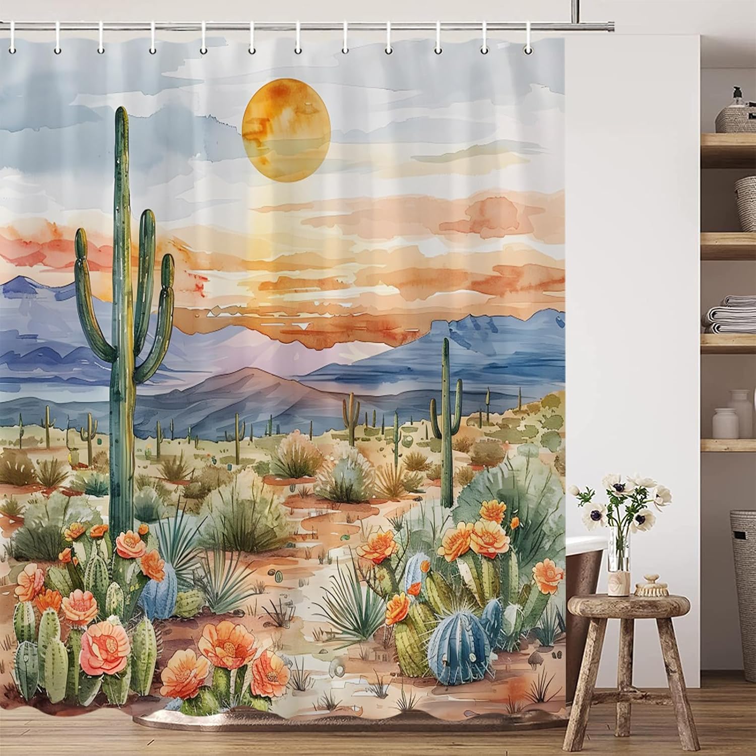 Jessica Chen Western-Style Shower Curtain Desert Cactus Sunset Landscape Watercolor Plants Floral Fabric Bathroom Decoration