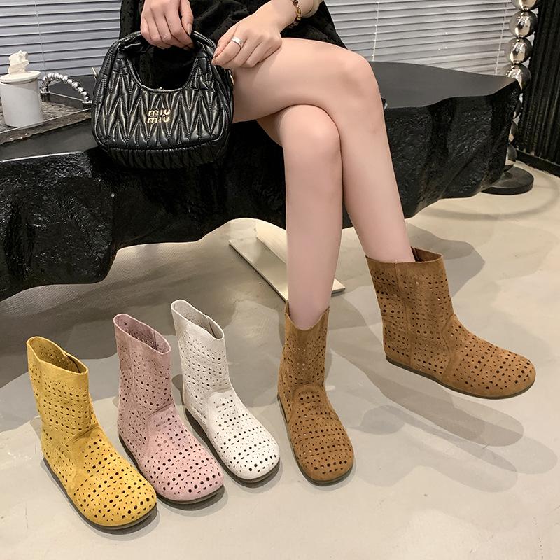 2025 spring and summer new sandals leather hole middle boots medium heel thick heel large size women's boots hollow cool boots