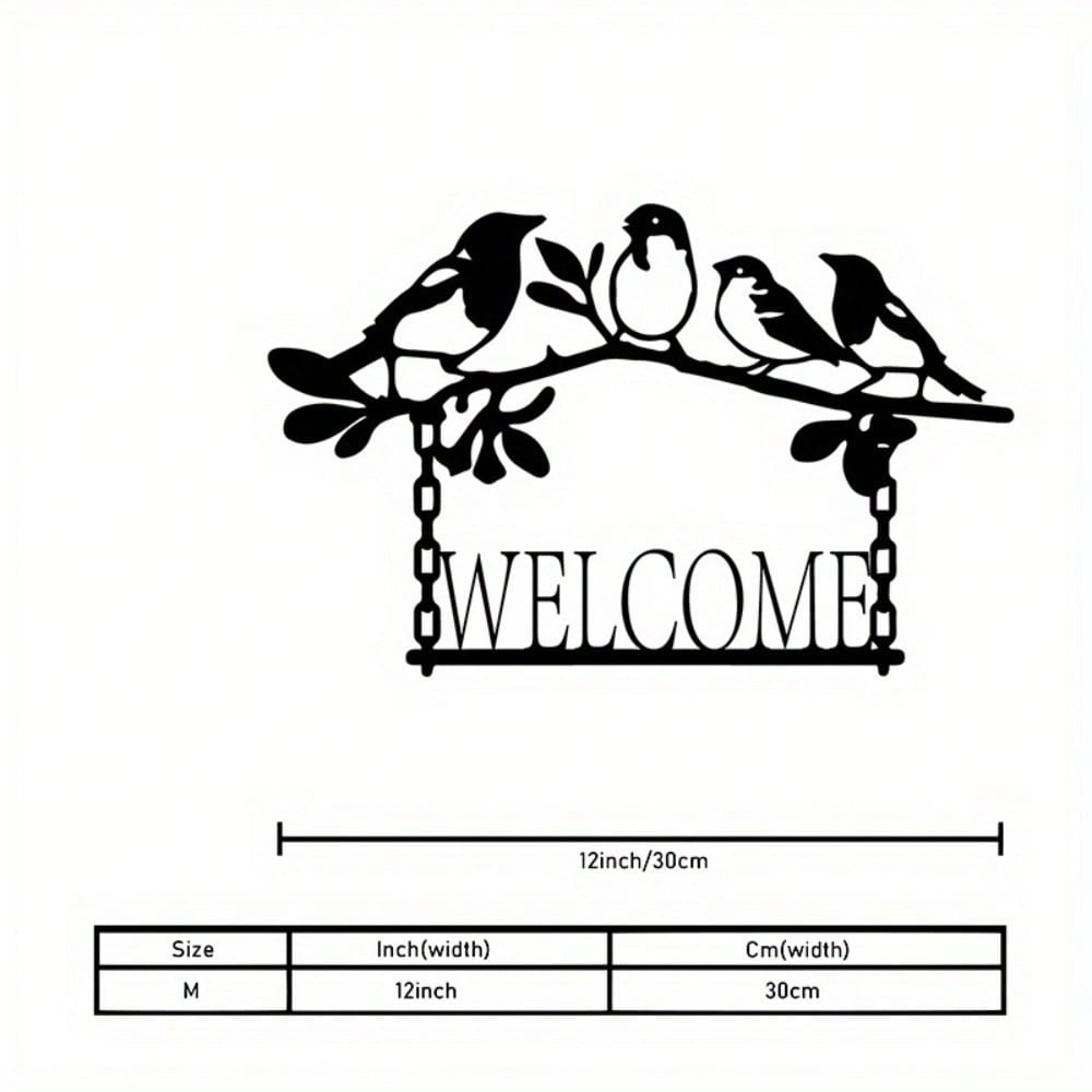 Metal Wall Art Welcome Sign Bird Branch Black Iron Decor Farmhouse Style Outdoor Patio Gift