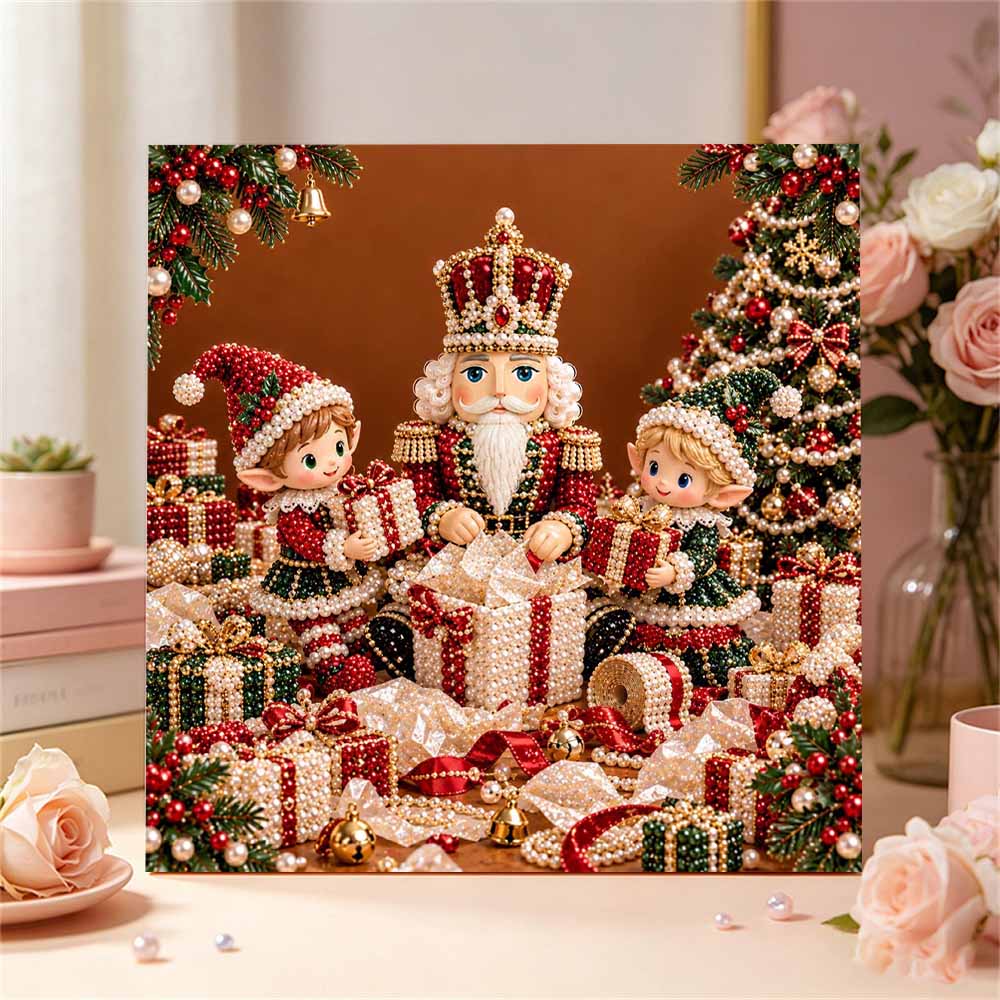 Framed Pearl Art DIY Kit with Christmas Nutcracker and Elf Pattern 3D Sparkling Bead Canvas Painting Handmade Holiday Gift for Home Decoration