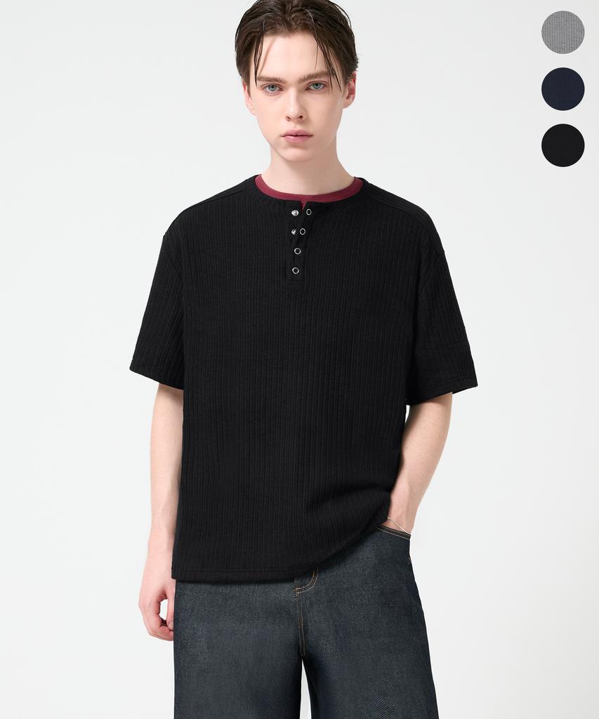 TRILLION Ribbed Ring Snap Henley Neck Short Sleeve T-Shirt_3Color