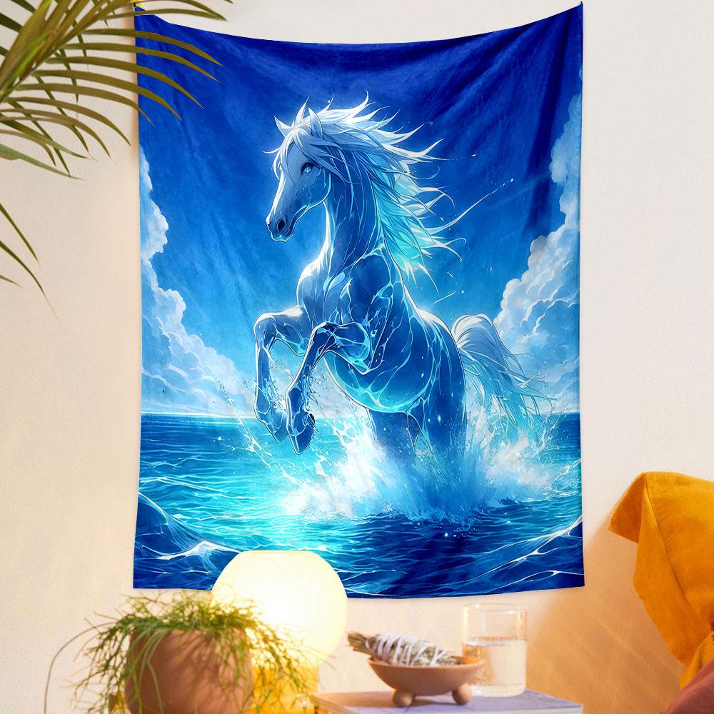 Glowing White Horse in Ocean Waves Patterned Tapestry Decorative Wall Hanging, Home Bedroom Living Room Decor
