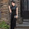 Elegant Black Velvet Long Cheongsam Dress Women Vintage Shanghai Style Modern Fit