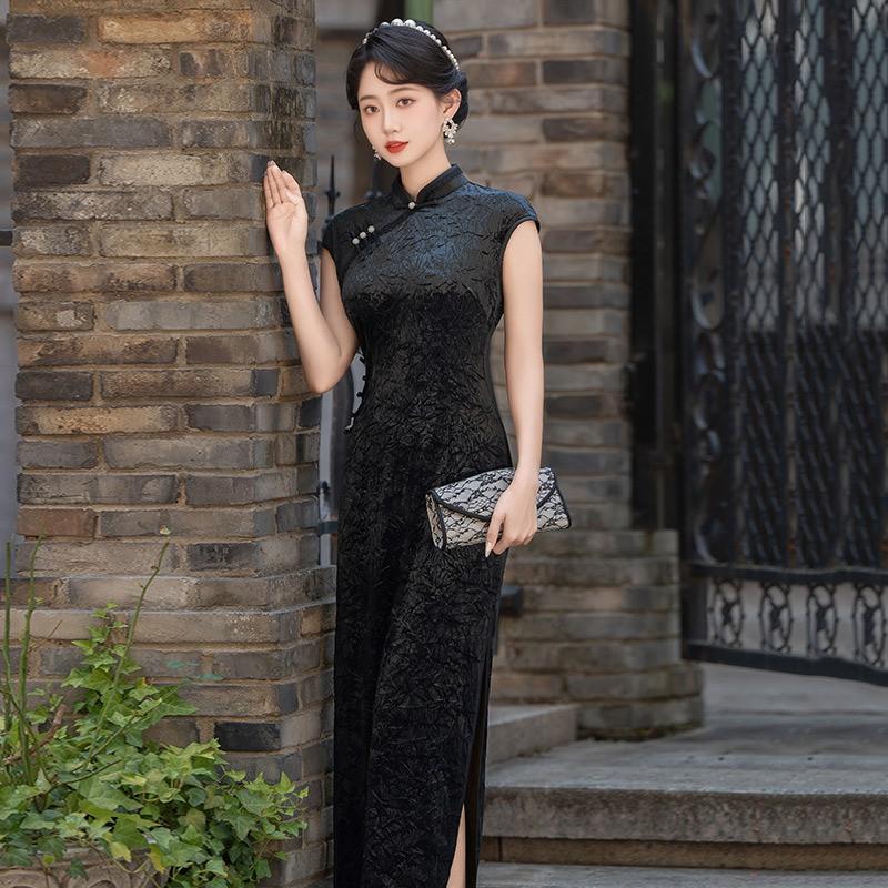 Elegant Black Velvet Long Cheongsam Dress Women Vintage Shanghai Style Modern Fit