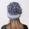 Women's Winter Rabbit Fur Hat 100% Rex Fur Beanie with Floral Patchwork, Warm Knitted Fluffy Trapper Cap