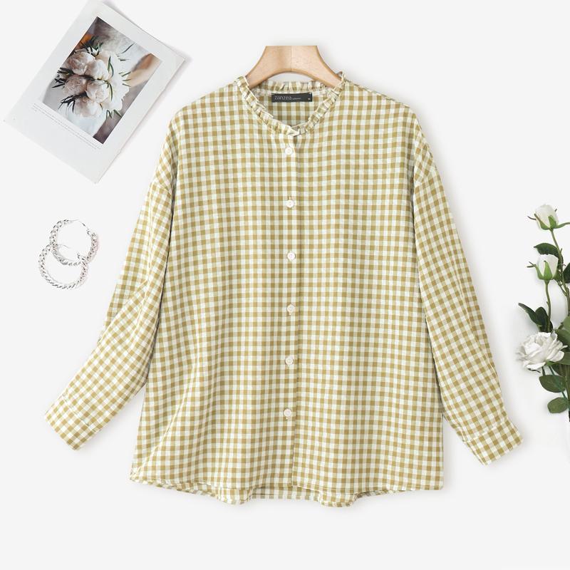 

ZANZEA Women Casual Round Neck Plaid Print Loose Long Sleeve Blouse 2XL жовтий