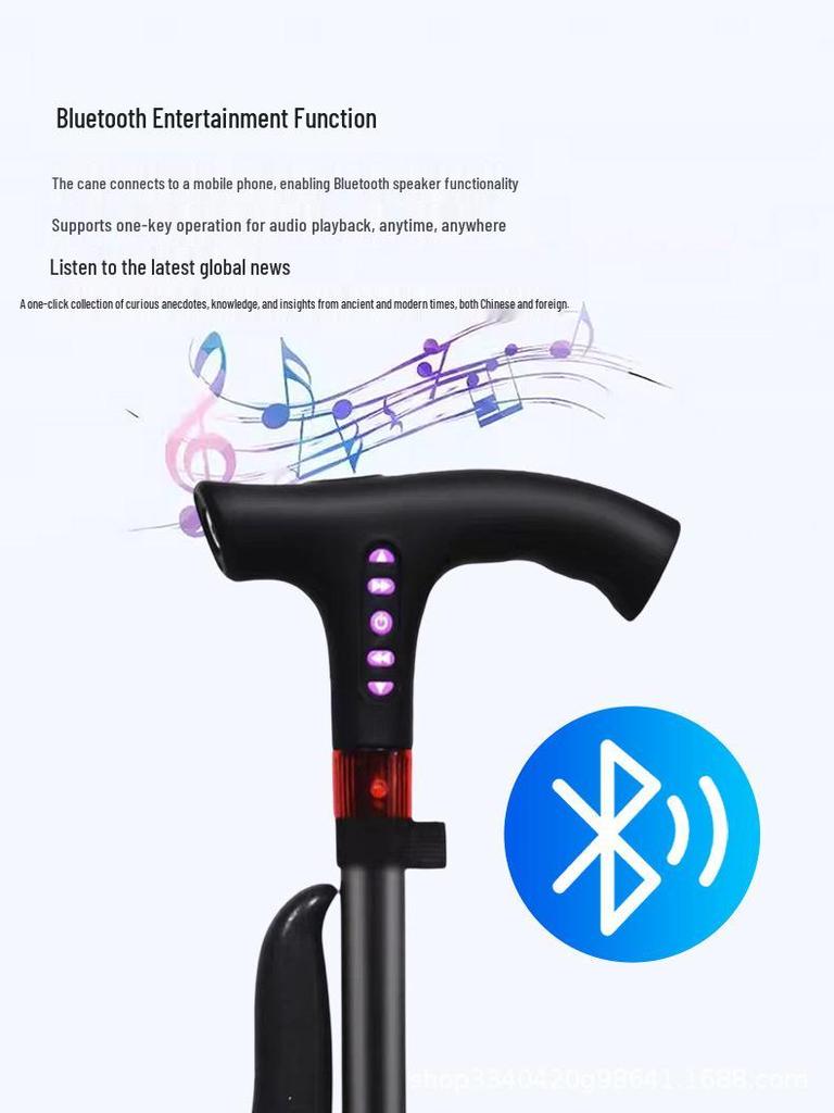 Smart Multi-Functional Telescopic Cane with Radio, Non-Slip Grip, LED Light, and Four-Legged Aluminum Alloy Base for Seniors.