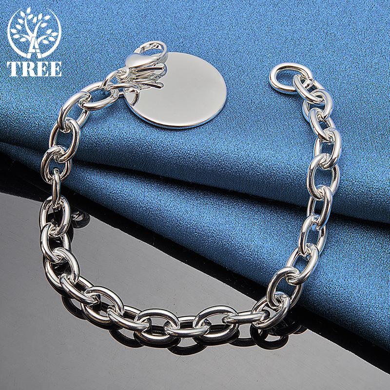 925 Sterling Silver Circle Tag Bracelet Woman Jewelry