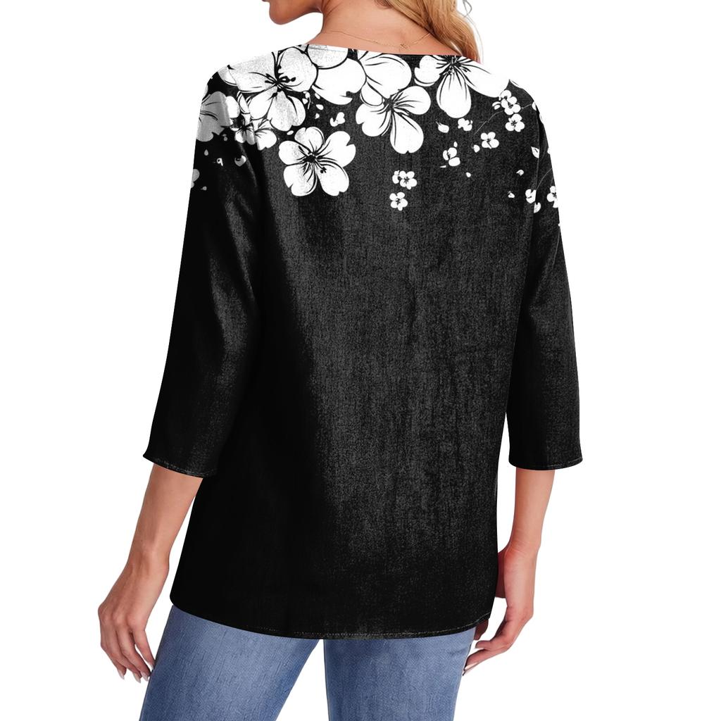 Women's Fashionable Casual Round Neck  3/4 Sleeve  Printed T-Shirt Top
