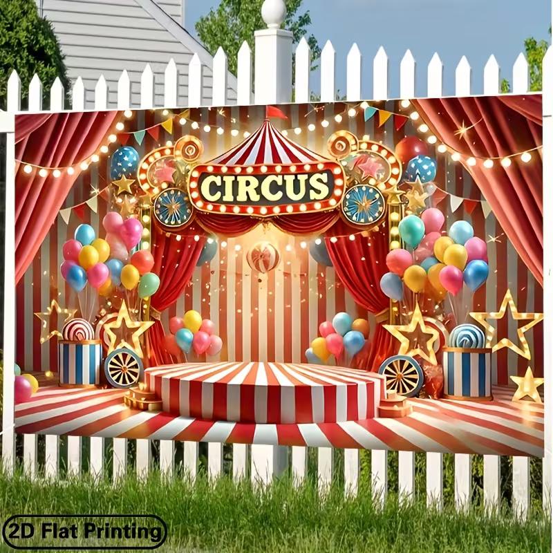 2D Circus Stage Background, Red Striped Tent with Platform & Balloons Themed Backdrop